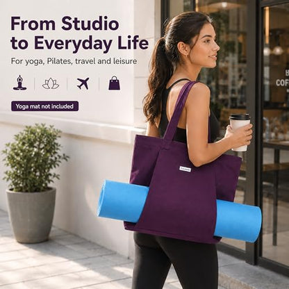 Yoga Mat Bag for Women, 100% Cotton Canvas Tote with Wet/Dry Pocket, Bottle Holder and Inner Zipper Pocket, 25L Carrier for Pilates and Travel - color: Purple