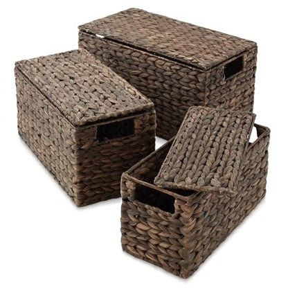 Casafield Set of 3 Water Hyacinth Storage Baskets with Lids, Espresso - Small, Medium, Large Woven Nesting Bins for Bathroom, Bedroom, Closets, Shelves