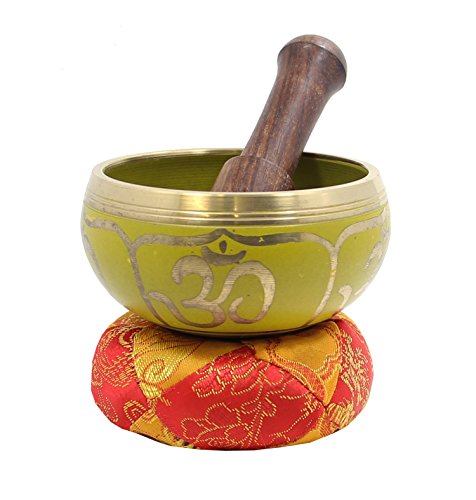DharmaObjects Tibetan Relaxing Om Singing Bowl/Cushion/Mallet (Yellow) - color: Yellow, size: Small