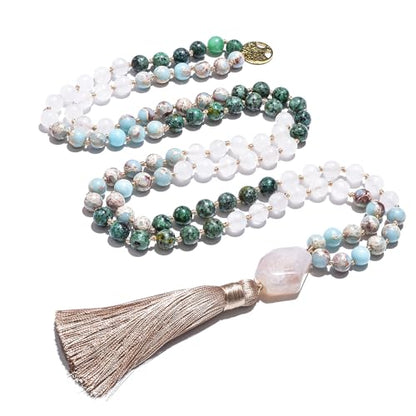 108 Mala Prayer Beads Necklace Natural Stones Meditation Yoga Jewery 108 Hand Knotted Japa Mala Beaded Long Tassel Necklace with Tree of Life Pendant for Men and Women - color: green+blue+white