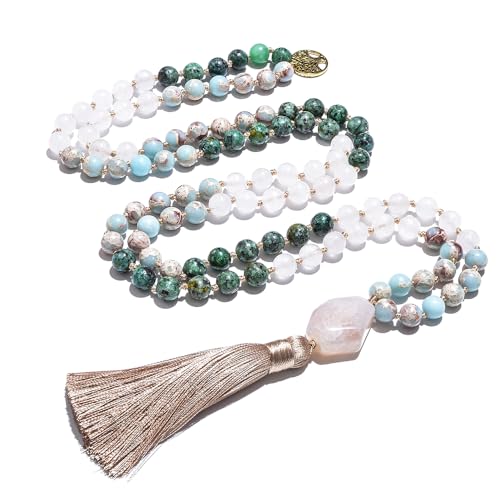 108 Mala Prayer Beads Necklace Natural Stones Meditation Yoga Jewery 108 Hand Knotted Japa Mala Beaded Long Tassel Necklace with Tree of Life Pendant for Men and Women - color: green+blue+white