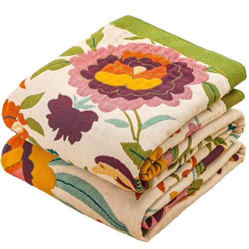 Boho Throw Blanket for Bed Couch 100% Cotton Ultra Soft Large Rustic Quilt t Queen Blanket,Bird Floral Printed Farmhouse Bed Blankets 80"×90", Decorative Reversible Muslin Bed Cover for All Seasons - color: Boho Flower-c, size: 80"x90"
