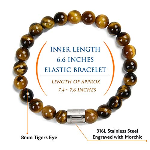 Morchic 8mm Genuine Gemstone Stretch Bracelet for Women Men Unisex, Natural Energy Crystal Stone Beads, Classic Simple Design Cuff Birthday Gift 7.5 Inch - color: Tiger Eye