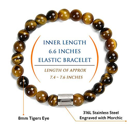Morchic 8mm Genuine Gemstone Stretch Bracelet for Women Men Unisex, Natural Energy Crystal Stone Beads, Classic Simple Design Cuff Birthday Gift 7.5 Inch - color: Tiger Eye