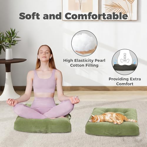 Floor Pillow 18x18 Inch Turquoise Corduroy Floor Sitting Cushions 2-Pack, Portable Handle Design, Non-Slip Chair Pads for Meditation Yoga Indoor Use