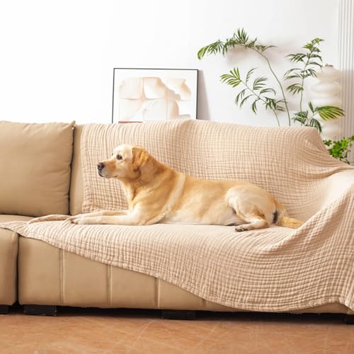 CottCare Cotton Throw Blanket,Large Size 59"x70",Gifts for Women,100% 6 Layer Muslin for Couch Breathable Gauze,All Season Soft and Lightweight Pre-Washed (Light Tan)