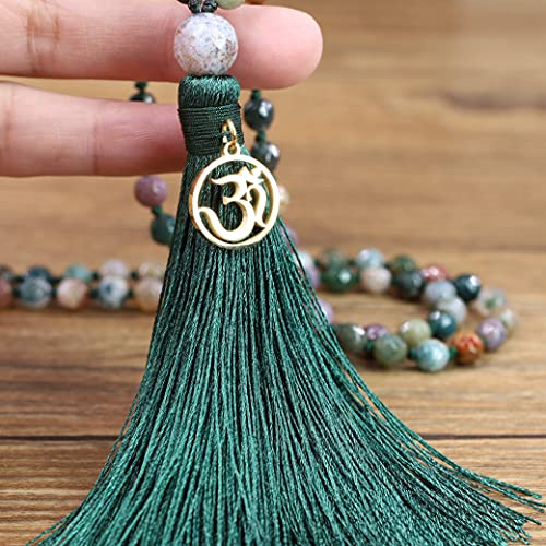 COAI OM Charm Hand Knotted Tassel 108 Mala Beads Necklace - color: Faceted India Agate, size: 8mm