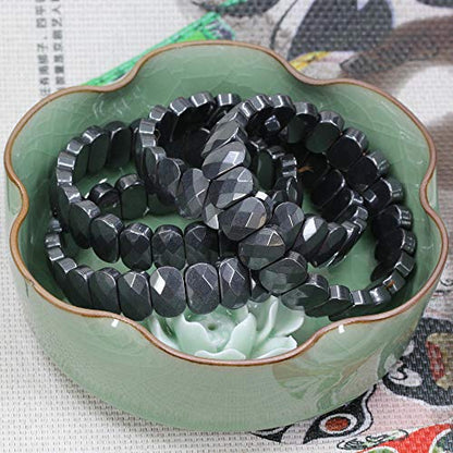 Keleny Semi Precious Stones 14mm Faceted Oval Beads Crystal Rock Elastic Bangle 7.5 Inch - color: Black Hematite