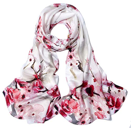 100% Mulberry Silk Long Scarf for Women Large Shawls for Headscarf and Neck- Oblong Hair Wraps with Gift Packed - color: Wintersweet Flower