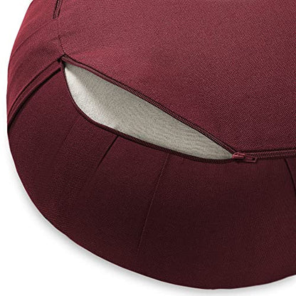 Zafu Meditation Cushion, 15" Round Buckwheat Yoga Pillow with Organic Cotton Cover - Burgundy
