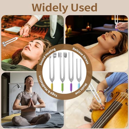 Tuning Forks for Healing Set, 128Hz, 136Hz, 256Hz, 512Hz Tuning Forks with Activator, Chakra Sound Therapy Music Tuning Instruments for Stress & Sleep/Yoga/Meditation with Anti-Slip Sponge & Pouch