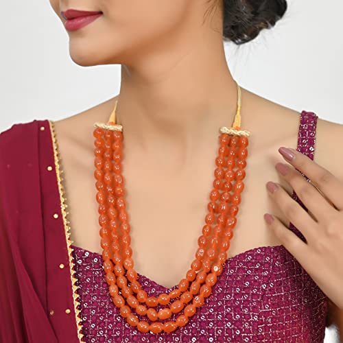 Ratnavali Jewels Quartz Multi Layer Strand Mala Beads Party Wear Necklace Jewelry Women RV3415 - color: Orange