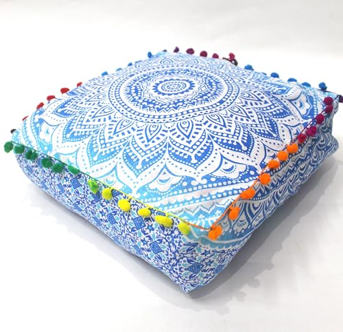 CRAFT KALA 16" Square Large Hippie Mandala Meditation Floor Ottoman Pillow Cushion Pouf Cover Square Poufs Bohemian Circle Floor Cushion Case Outdoor Fireplace Yoga Living Room Decor Cover Blue Ombre - color: Blue and White, size: 16"D x 16"W x 5"H