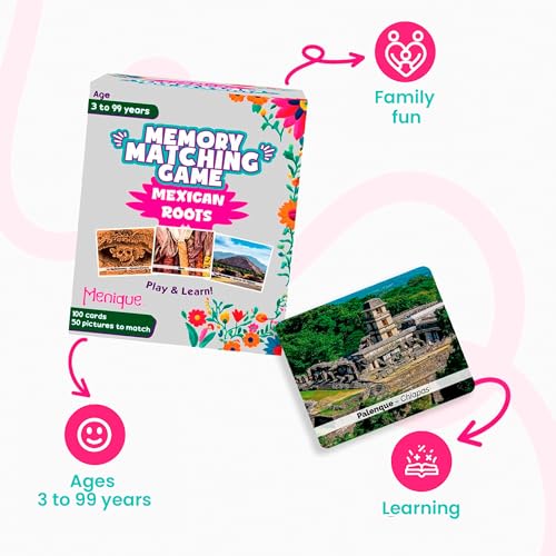 Menique – Mexican Roots Memory Game – Bilingual – 100 Cards (50 Pairs) with Real Photographs – Includes Booklets in English & Spanish – Cultural Matching Game for Kids & Adults - style: Mexican Roots