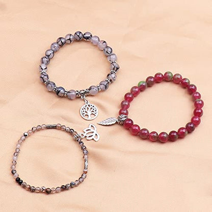 Tree of Life Yoga Healing Stone Bracelets,Multilayer Lotus Chakra Stone Reiki Bracelet Sets,Anxiety Crystal Natural Stone,for Women Stress Relief - style: Dragon pattern + flower jade