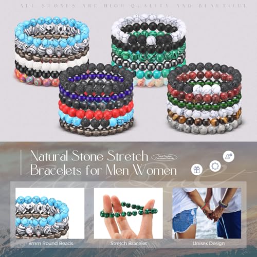 24 Pcs Gemstones Beaded Bracelets Bulk for Women Men 8mm Stretch Round Semi Precious Stone Bracelets Set - color: Classic