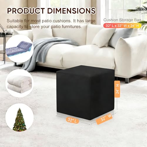 Outdoor Patio Cushion Storage Bag -Waterproof Large Patio Furniture Cushion Organizer Storage Bag with Handle and Zipper, 32" L x32 W x 24" H Big Foldable Duffle Cover - size: 32"L x 32"W x 24"H