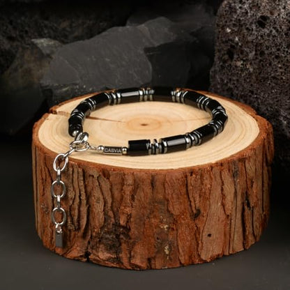 Men's Black Onyx Hematite Tube Beaded Link Bracelet, Handmade Thickened Adjustable Stainless Steel Chain, Stylish Mens Jewelry Gift for Dad, Husband, Son & Friend