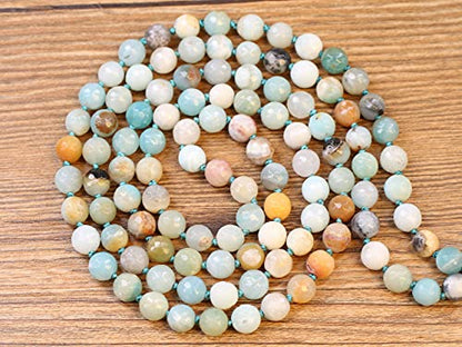 COAI OM Charm Hand Knotted Tassel 108 Mala Beads Necklace - color: Faceted Amazonite, size: 8mm