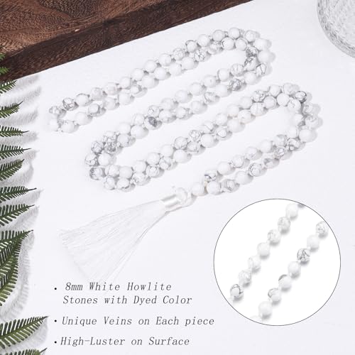 8MM Beads Chakra Long Mala Necklace Natural Stone Meditation Statement Necklace Japa Yoga Buddhist Rosary Prayer Charm Beaded Tassel Necklace - color: White Turquoise