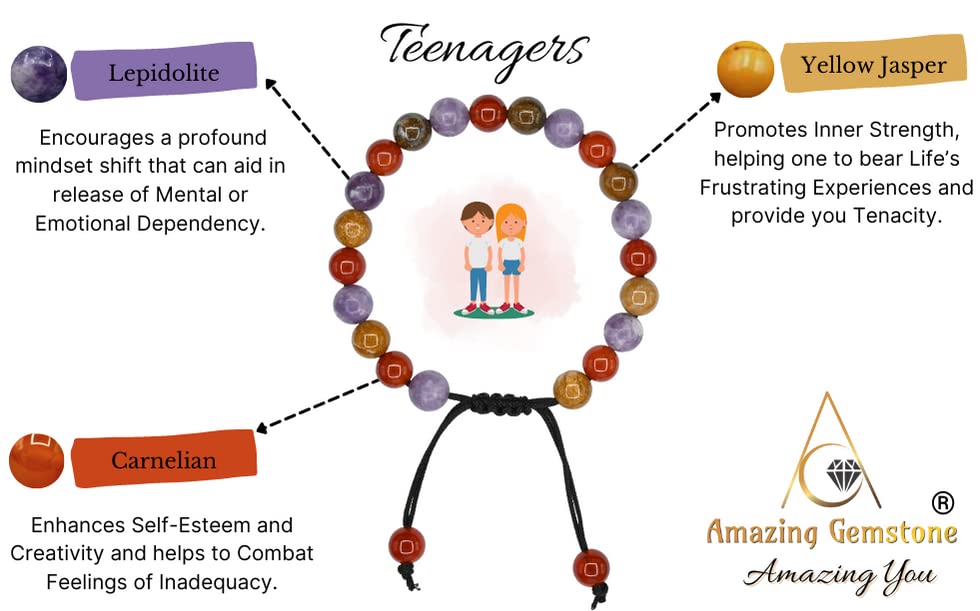 Amazing Gemstone Bracelet for Teens - Yellow Jasper Lepidolite Carnelian Bracelet Set for Men Women Healing Calming Anxiety Stress Relief Gifts Pulseras Para Hombres Mujer (Adjustable) (Teenagers) - color: Teenagers