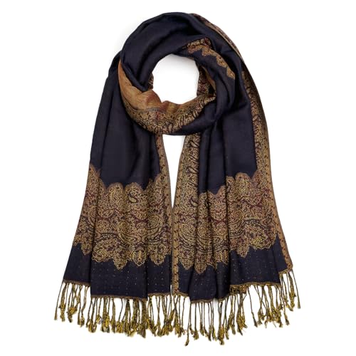 QIUTIMIY Paisley Pashmina Shawls and Wraps for Women Reversible Jacquard Festival Rave Pashmina Scarves with Fringe Vintage - color: Flower14-black