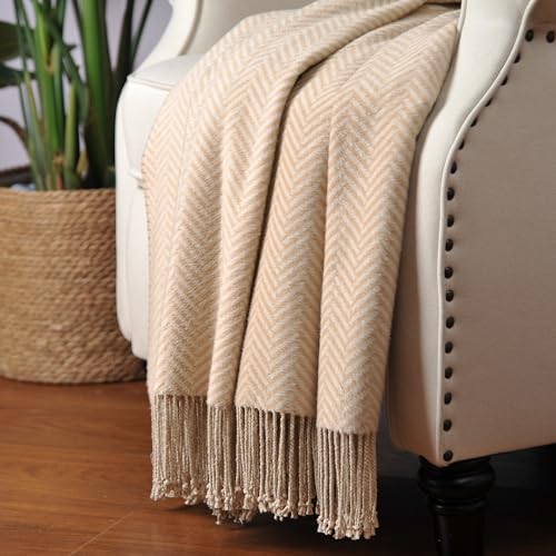 CUDDLE DREAMS Silk Throw Blanket with Hand-Knotted Fringe, Natural, Soft & Breathable (Herringbone-Taupe) - color: Herringbone-taupe