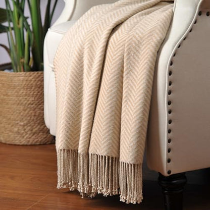 CUDDLE DREAMS Silk Throw Blanket with Hand-Knotted Fringe, Natural, Soft & Breathable (Herringbone-Taupe) - color: Herringbone-taupe
