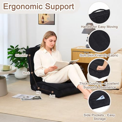 Adjustable Floor Chair with Back Support, 6-Position, Folding Japanese Meditation Tatami Chair, Comfy Gaming Chairs for Adults, Accent Sofa Reading Chairs, Living Room, Bedroom, Black - color: Black