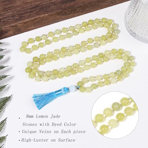 8MM Beads Chakra Long Mala Necklace Natural Stone Meditation Statement Necklace Japa Yoga Buddhist Rosary Prayer Charm Beaded Tassel Necklace - color: Lemon Jade