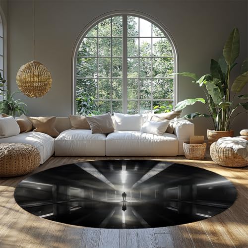 Meditation Space 6ft Round Rugs Lone Figure in Corridor Print Indoor Thin Floor Mat for Office Study Room Modern Creative Home Decor