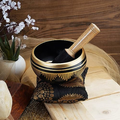 Ajuny Tibetan Singing Bowl Set - Handcrafted Meditation Brass Sound Bowl with Stick and Cushion for Yoga, Chakra Healing, Mindfulness and Stress Relief Spiritual Gifts - Gold Black