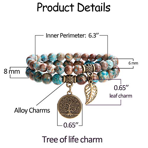 Bivei Natural Semi Precious Gemstone beads bracelet for women - Life Tree and Leaf Charm Energy Reiki Crystal Stretch Bracelets - color: Blue Lace Agate Bracelet Set, size: Medium:6.8-7.24inch