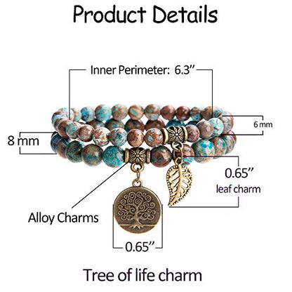 Bivei Natural Semi Precious Gemstone beads bracelet for women - Life Tree and Leaf Charm Energy Reiki Crystal Stretch Bracelets - color: Blue Lace Agate Bracelet Set, size: Medium:6.8-7.24inch