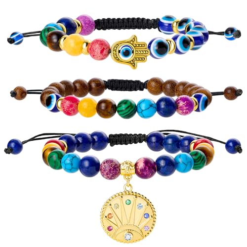 Bivei Chakra Bead Bracelets for Women - 8mm 7 Chakra Bracelet With Real Stones Yoga Gemstone Jewelry 3 Pack - style: #1 Set of 3 Evil Eye