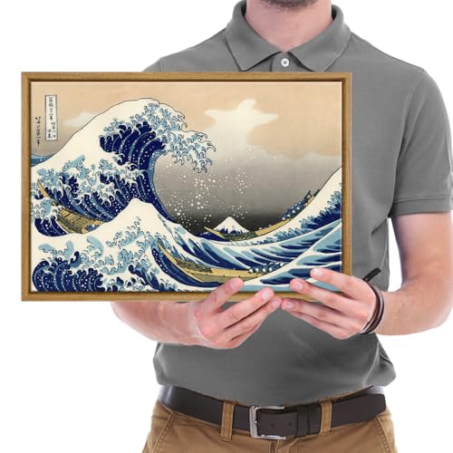 Wieco Art Framed Art Great Wave of Kanagawa Katsushika Hokusai Giclee Canvas Prints Wall Art Abstract Seascape Paintings for Home Living Room Decorations - size: 16"L x 10.8"W