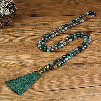 COAI OM Charm Hand Knotted Tassel 108 Mala Beads Necklace - color: Faceted India Agate, size: 8mm