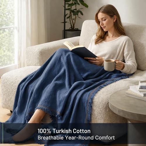 Odin Waffle Throw Blanket with Tassels, 50x66 Inch, 100% Turkish Cotton, Oeko-TEX Certified, Breathable Lightweight Throw for Couch, Sofa & Bed, Made in Turkey, Denim - color: Denim