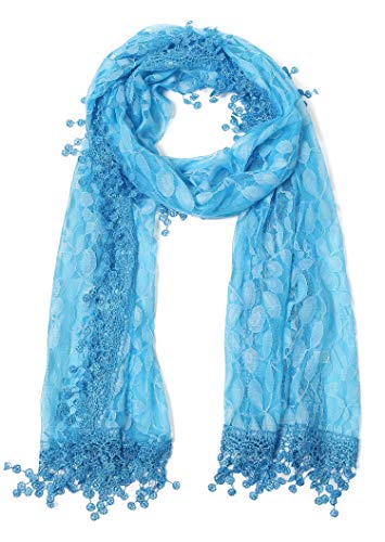 Cindy and Wendy Lightweight Soft Leaf Lace Fringes Scarf Bridal Veils shawl for Women - color: Turquoise Blue