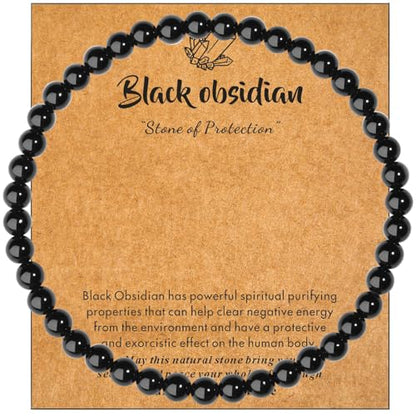 MAIBAOTA Healing Crystal Bracelet for Women Men, 8/4 mm Natural Stone Beaded Bracelets, Jewelry Birthday Gifts, Round Gemstones Stretch Bracelets - color: Black-Obsidian, size: 4 mm