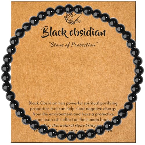 MAIBAOTA Healing Crystal Bracelet for Women Men, 8/4 mm Natural Stone Beaded Bracelets, Jewelry Birthday Gifts, Round Gemstones Stretch Bracelets - color: Black-Obsidian, size: 4 mm
