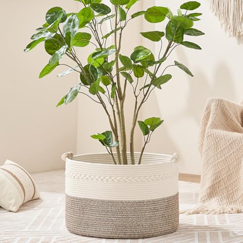 KAKAMAY Large Blanket Basket (20"x13"),Woven Baskets for storage Baby Laundry Hamper, Cotton Rope Blanket Basket for Living Room, Laundry, Nursery, Pillows, Baby Toy chest (White/Beige) - color: Beige