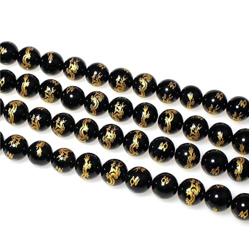 MJDCB Natural Stone Beads 8mm 43pcs Round Black Onyx Carved Dragon Loose Gemstone Bead Charms for Jewelry Making Bracelet Necklace Earring Pendant - color: Black Onyx Carved Dragon, size: 8mm