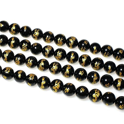 MJDCB Natural Stone Beads 8mm 43pcs Round Black Onyx Carved Dragon Loose Gemstone Bead Charms for Jewelry Making Bracelet Necklace Earring Pendant - color: Black Onyx Carved Dragon, size: 8mm