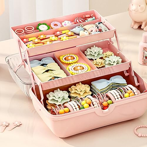 Cute Girls Hair Accessories Storage Box Bow Switch Organizer Box Jewelry Box, Plastic Hair Ties Holder Hair Clips Container Storage Box for Home, School, Office(Pink)