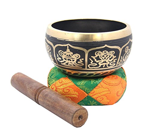 Tiebtan Yoga Meditation 8 Lucky Symbols Singing Bowl / Silk Cushion / Rosewood Mallet Set