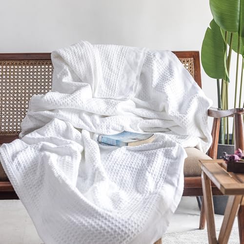 Salt Earth 100% Cotton Waffle Blanket, King Size 106"x92" – Lightweight All Season Throw Blanket for Couch, Bed & Bedroom, Soft Modern Cozy Cotton Blanket (White) - color: White, size: King