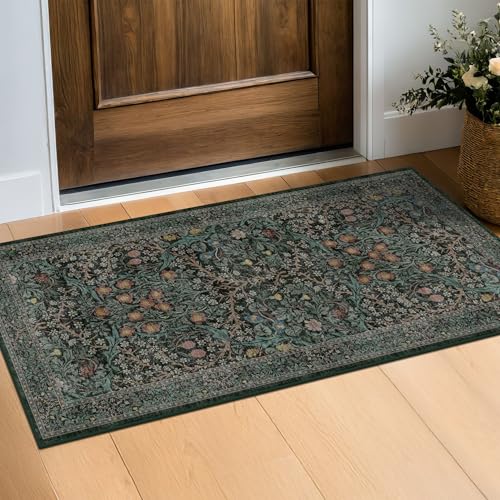 Dark Green 2x4 Rug Runner, Entryway Rugs, Small Runners for Kitchen, Door Mat Indoor Entrance, Bathroom, Non-Slip Low-Pile Washable Stain Resistant, Vintage Floral Design - color: Dark Green / Black, size: 2' x 4' (Rectangular)