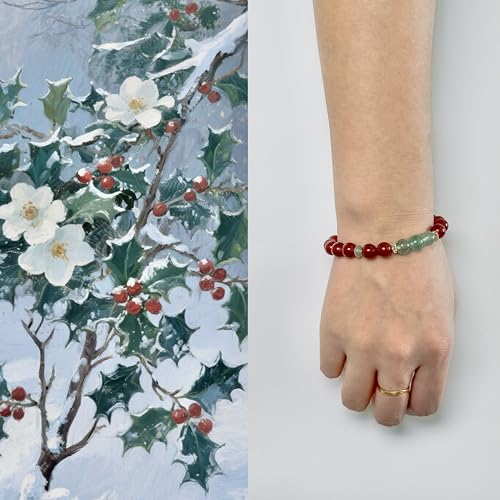 Birth Flower Crystal Bracelets for Women, Handmade Natural Gemstone Stretch Jewelry with Healing & Positive Energy - color: Dec. Holly & Agate