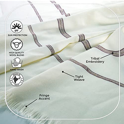 Versatile Premium Wool Blend Meditation Shawl - Large Unisex Prayer Wrap, Oversized Scarf & Yoga Blanket - color: Ivory